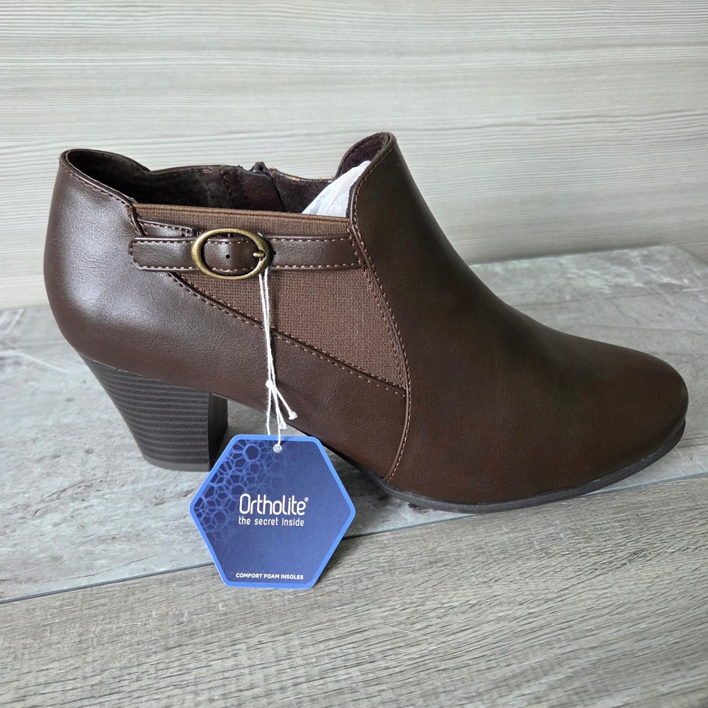 Croft & Barrow Ankle Boot Ines Women 10 Brown Buckle Ortholite Block Heel Bootie
